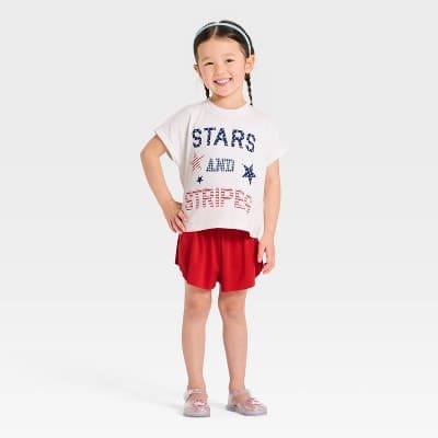 Grayson Mini Toddler Girls' 2pc 4th of July Stars & Stripes T-Shirt & Butterfly Shorts Set - Red 3T