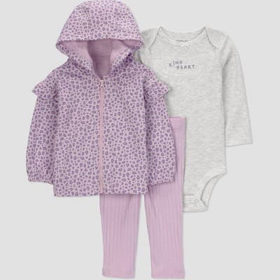 Carter's Just One You® Baby Girls' 3pc Cheetah Hooded Zip-Up Sweatshirt with Bodysuit and Leggings Set - Purple 3M