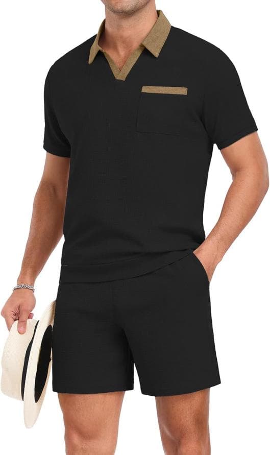 Stylish Men's Waffle Knit Polo Shirt and Shorts Set - 56% Off