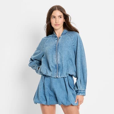Women's Denim Bubble Bomber Jacket - Future Collective Blue Denim S
