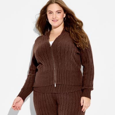 Women's Cable Zip Hoodie Cardigan - Wild Fable™ Brown 2X