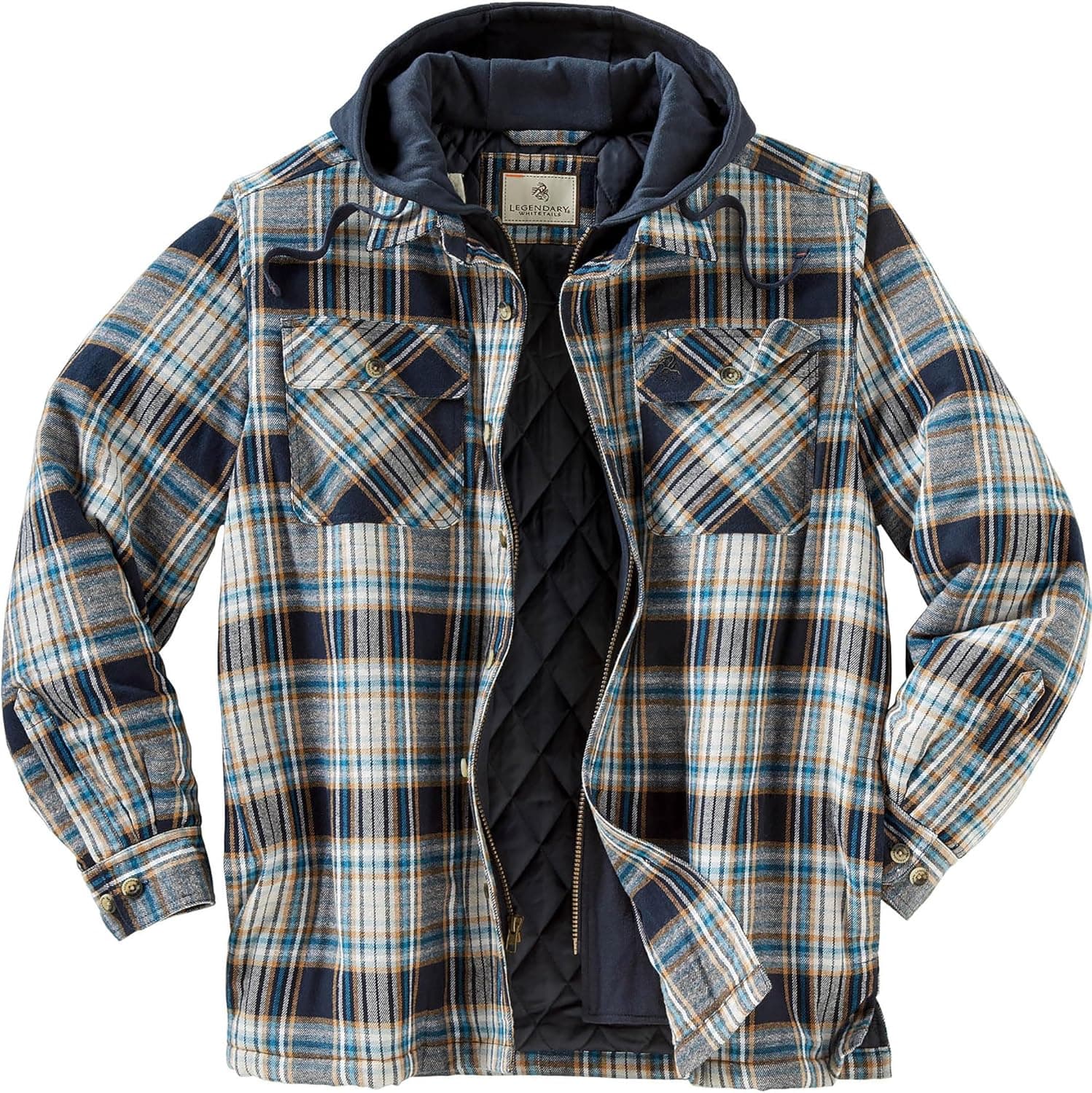 Legendary Whitetails Mens Plaid Flannel Shirt Jacket Quilted with Hood Polyfill Insulated Shacket, Blue Dusk Plaid, SML