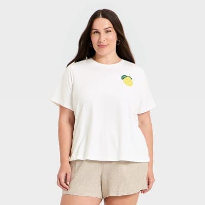 Women's Embellished T-Shirt - A New Day™ White/Lemon 2X