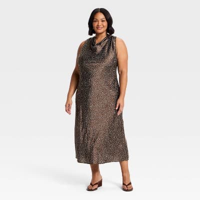 Women's Cowl Neck Slip Midi Dress - A New Day™ Brown Polka Dots 2X