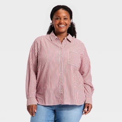 Women's Long Sleeve Collared Striped Button-Down Shirt - Universal Thread™ Red 3X
