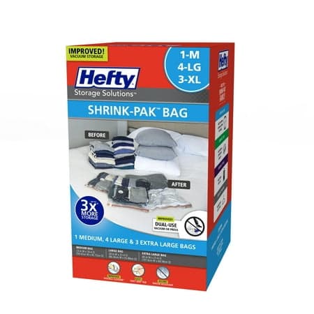 Hefty Shrink-Pak 1 Medium, 4 Large, 3 Extra-Large Vacuum Compression Storage Bags with Hand Pump, Closet Organizer, Adults and Tweens