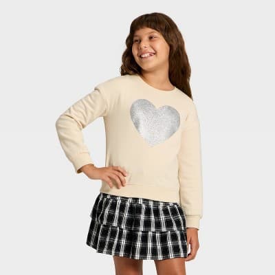 Girls' Fleece 'Glitter Heart' Graphic Pullover Sweatshirt - Cat & Jack™ Cream L Plus