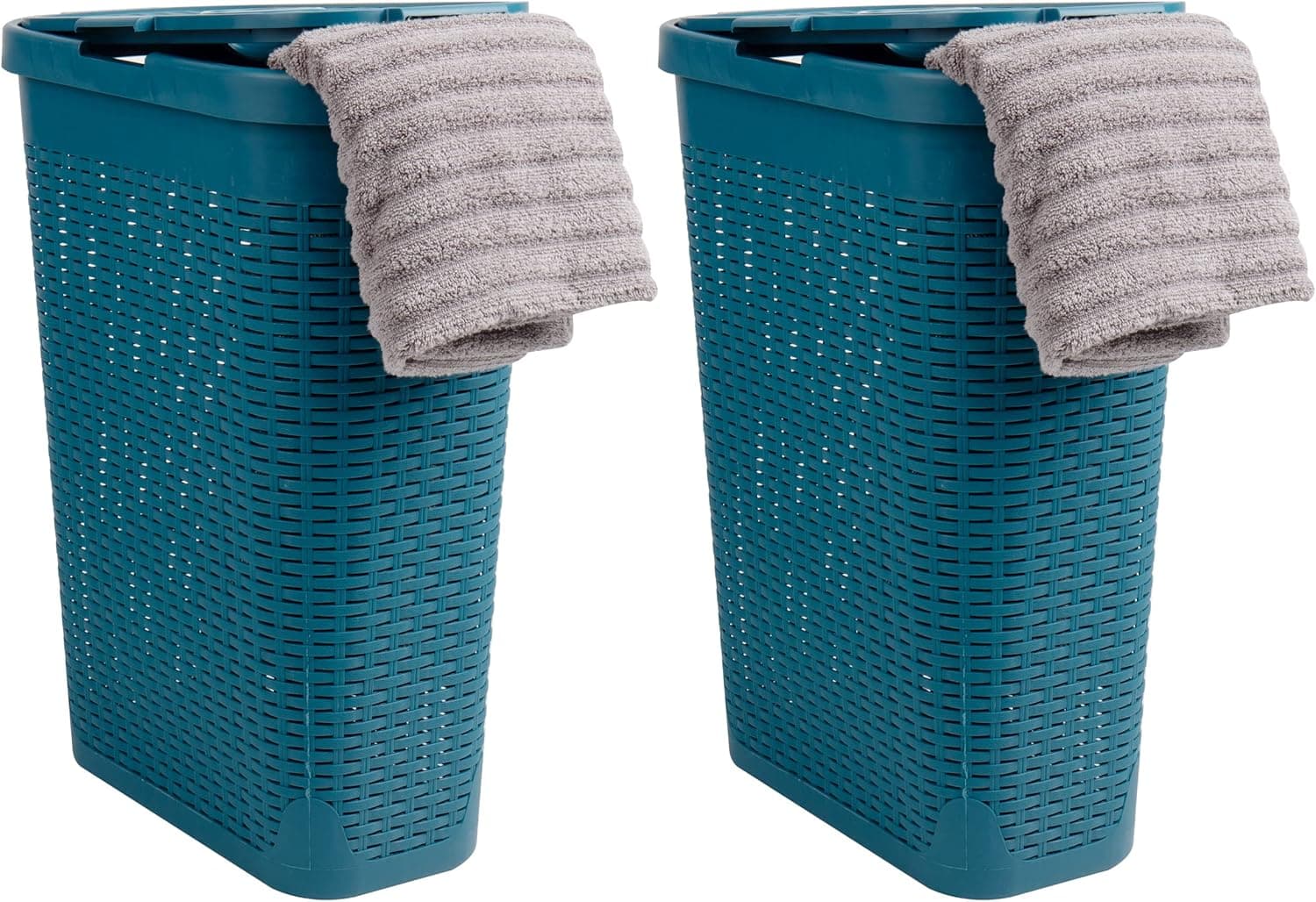 Mind Reader Slim Laundry Hamper with Lid, 40L Clothes Basket, Narrow Tapered Design with Ventilated Cutout Pattern, Plastic, Set of 2, Blue