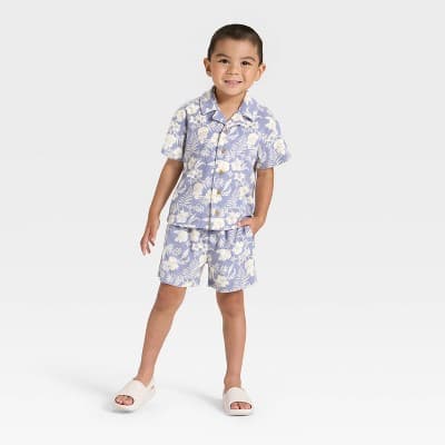 Grayson Mini Toddler Boys' Button Down Short Sleeve Shirt and Shorts Set - Blue 18M