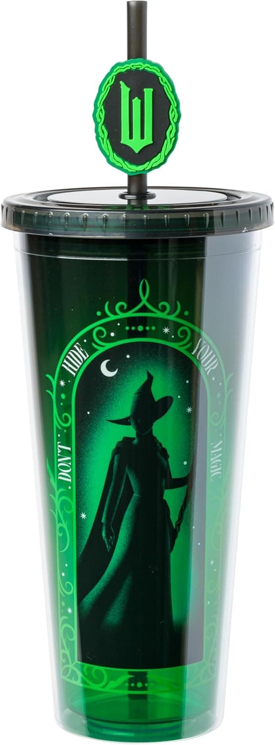 Silver Buffalo Wicked “Don't Hide Your Magic” Plastic Cold Cup with Lid and Straw Topper Featuring Elphaba, 24 Ounces