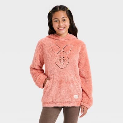 Girls' Winnie the Pooh Piglet Cozy Hooded Sweatshirt - Coral Orange M