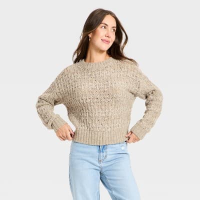 Women's Openwork Slub Crewneck Pullover Sweater - Universal Thread™ Brown Striped M