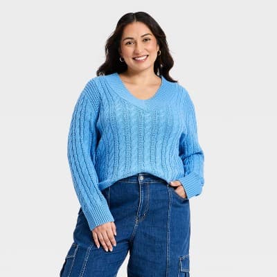 Women's Long Sleeve Cable Knit V-Neck Pullover Sweater - Ava & Viv™ Blue 2X