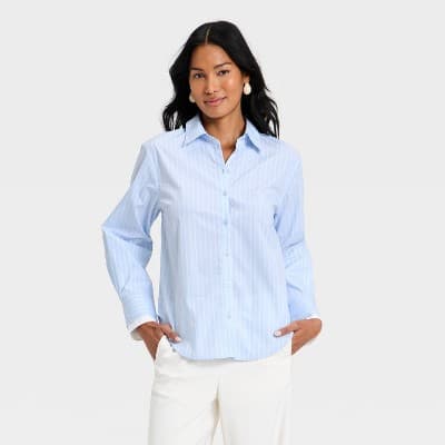 Women's Long Sleeve Button-Up Double Cuff Shirt - A New Day™ Blue Striped XL