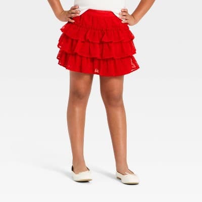 Girls' Valentine's Day Tiered Flocked Heart Skirt - Cat & Jack™ Red XS