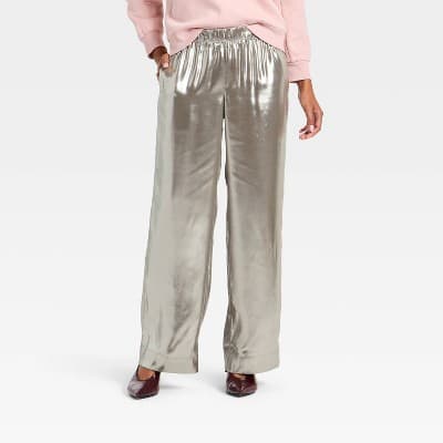 Women's Metallic Foil Pull-On Pants - A New Day™ Silver M