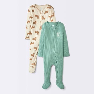 Baby Boys' 2pk Frenchies Jacquard Ribbed Long Sleeve Sleep N' Play Footed Pajamas - Cloud Island™ Green 0-3M