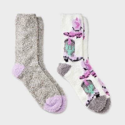 Women's Cowboy Boots 2pk Cozy Crew Socks - Purple/Ivory/Grey 4-10