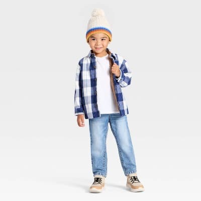 Toddler Boys' Faux Shearling Plaid Shacket - Cat & Jack™ Blue 4T