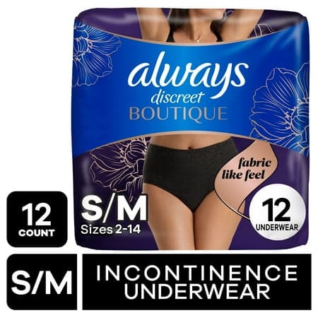 Always Discreet Boutique Incontinence Underwear, Maximum Protection, S/m, Black, 12 Ct