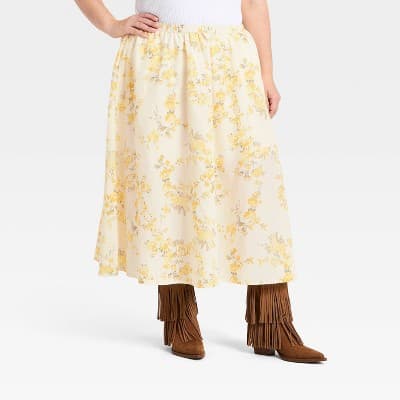 Women's Pull-On Midi Skirt - A New Day™ White Floral 2X