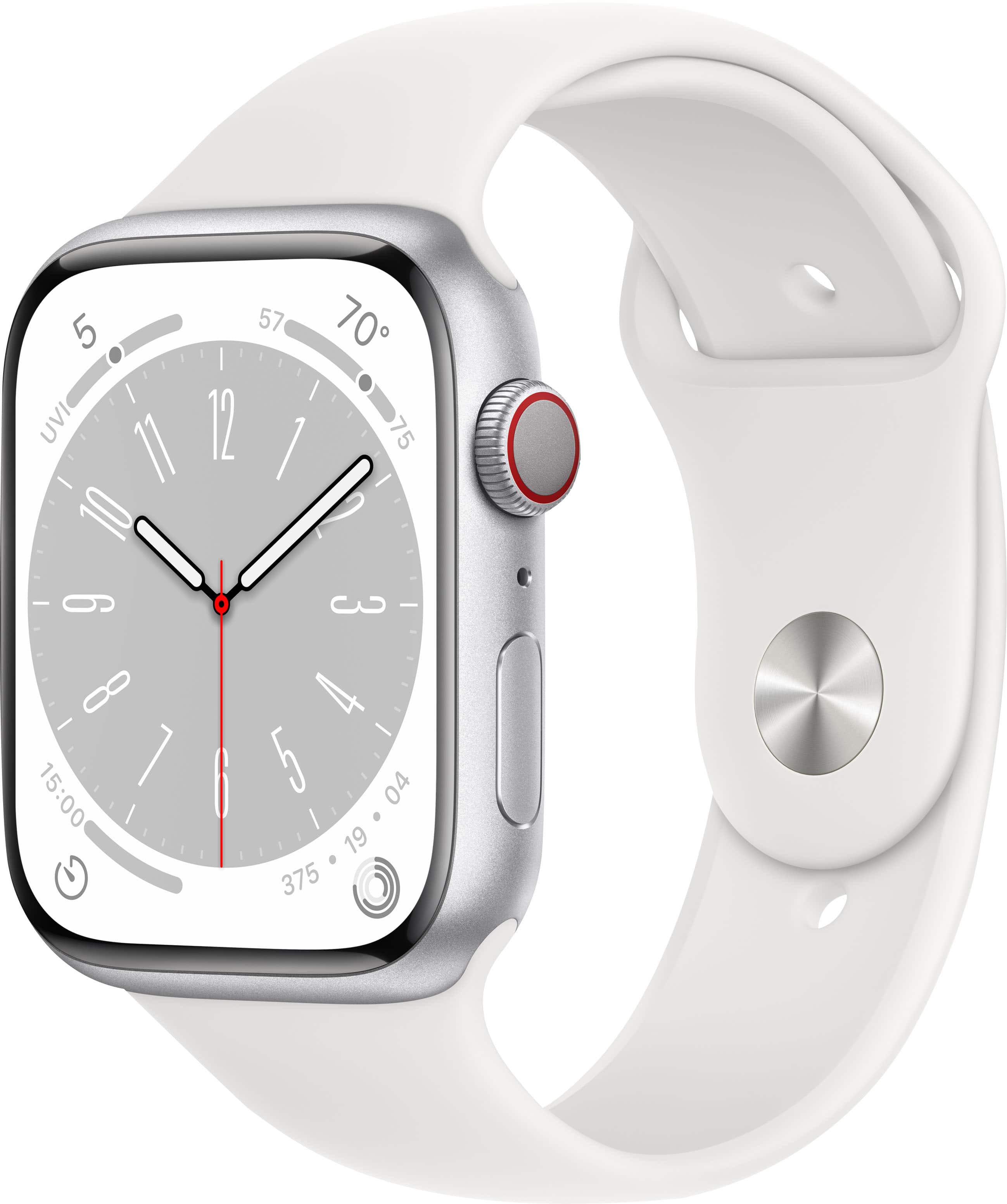 Geek Squad Certified Refurbished Apple Watch Series 8 (GPS + Cellular) 45mm Aluminum Case with White Sport Band - S/M - Silver - (2022)