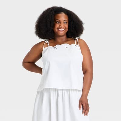 Women's Tie Strap Embroidered Camisole - Ava & Viv™ White 2X