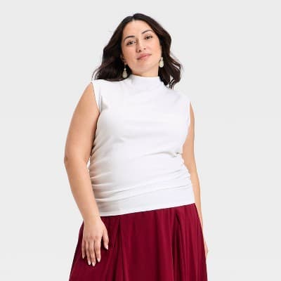 Women's Slim Fit Modern Ribbed Mock Neck Tank Top - A New Day™ Off-White XXL