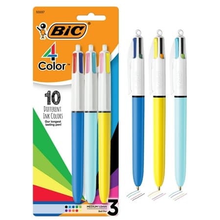 BIC 4-Color Retractable Ballpoint Pens, Medium Point 1.0 mm, Assorted Ink, 3 Count