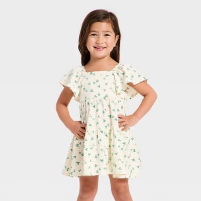 Toddler Girls' Clover St. Patrick's Day Flutter Sleeve Dress - Cat & Jack™ Cream 2T