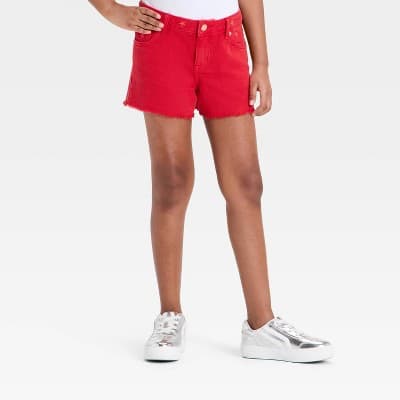 Girls' Mid-Rise Embroidered Star Cutoff Jean Shorts - Cat & Jack™ Red S