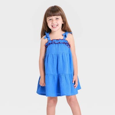 Toddler Girls' 4th of July Sleeveless Ruffle Dress - Cat & Jack™ Blue 4T