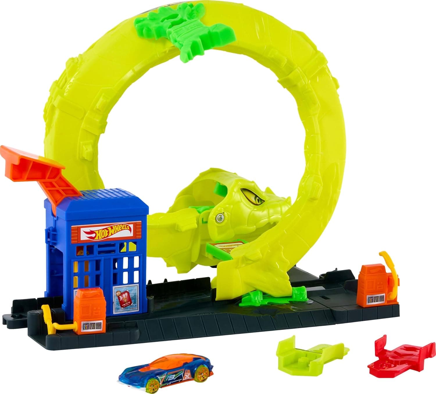 Zoom through the Hot Wheels Snake Gas Station Playset