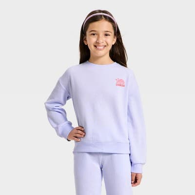 Girls' Fleece 'Lisbon' Graphic Pullover Sweatshirt - Cat & Jack™ Pale Lavender XS