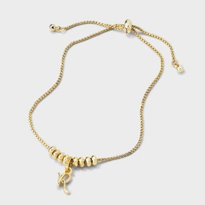 14k Gold Dipped Letter "R" Twist Initial with Cubic Zirconia Bail Bolo Bracelet - A New Day™ Gold