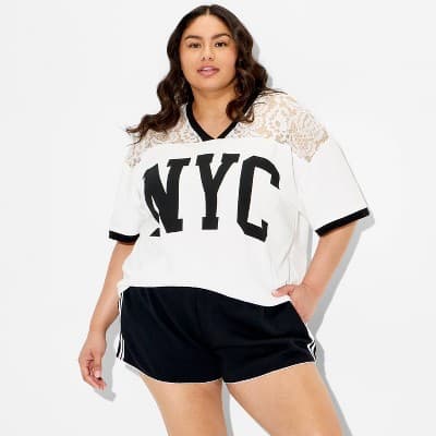 Women's NYC Lace Jersey Short Sleeve Graphic T-Shirt - Off-White 1X