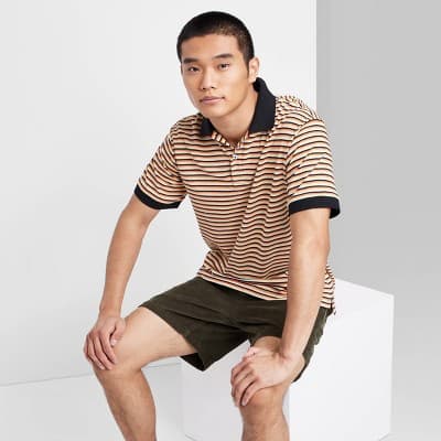 Men's Striped Collared Polo Shirt - Original Use™ S Orange/Black: Lightweight Cotton,