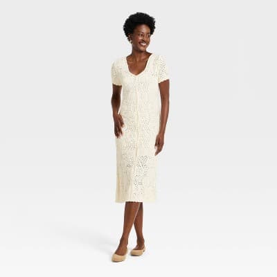 Women's Western Short Sleeve Scalloped Crafted Midi A-Line Dress - Universal Thread™ Cream L