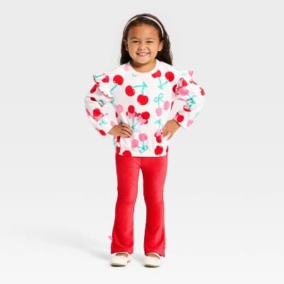 Toddler Girls' 2pc Disney Minnie Mouse Cherry Sweatshirt and Pants Set - Red 2T