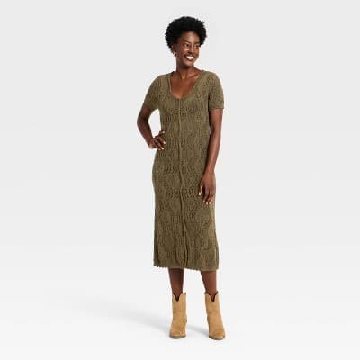 Women's Western Short Sleeve Scalloped Crafted Midi A-Line Dress - Universal Thread™ Brown L