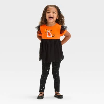 Toddler Girls' Halloween Short Sleeve Cat Set - Cat & Jack™ Orange 12M