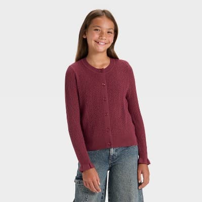 Girls' Open Work Fitted Cardigan - art class™ Maroon XXL
