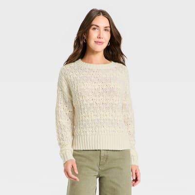 Women's Openwork Slub Crewneck Pullover Sweater - Universal Thread™ Cream Striped M