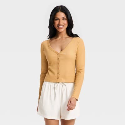 Women's Modern Ribbed Button-Up Knit Cardigan - A New Day™ Tan M