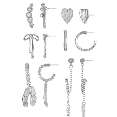 No Boundaries Silver-Tone Multi Earring Set with Studs, Mini Hoops and Charms, 6-Pairs, Women&rsquo;s