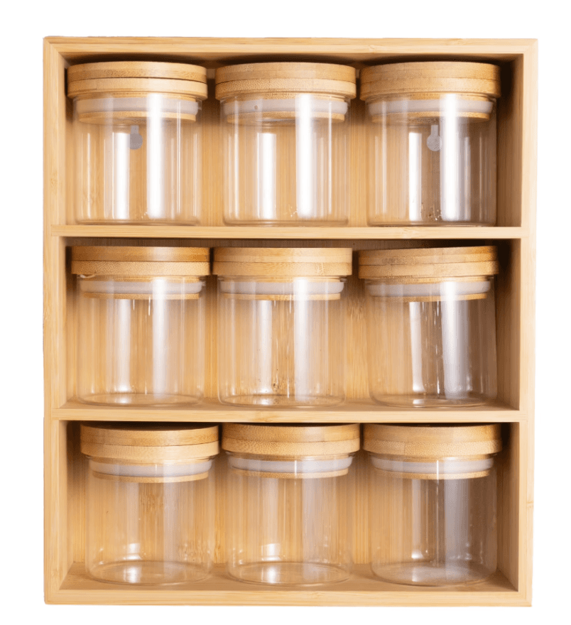 Better Homes & Gardens Bamboo Holder w/ 9 Bamboo Swivel Lid Glass Spice Jars Walmart
