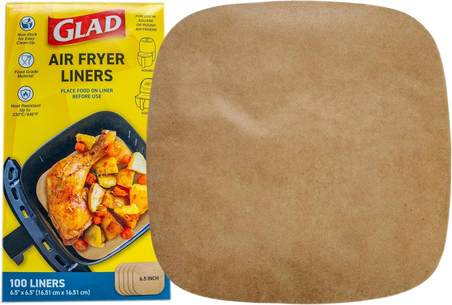 Glad Air Fryer Liners, Nonstick and Heat Resistant, Food Grade Material, Suitable for Round and Square Air Fryers, Air Fryer Accessories, 6.5" x 6.5" - 100 Count