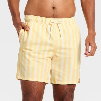 Men's 7'' Patterned Swim Trunks - Goodfellow & Co™ Yellow Geo Stripe XS