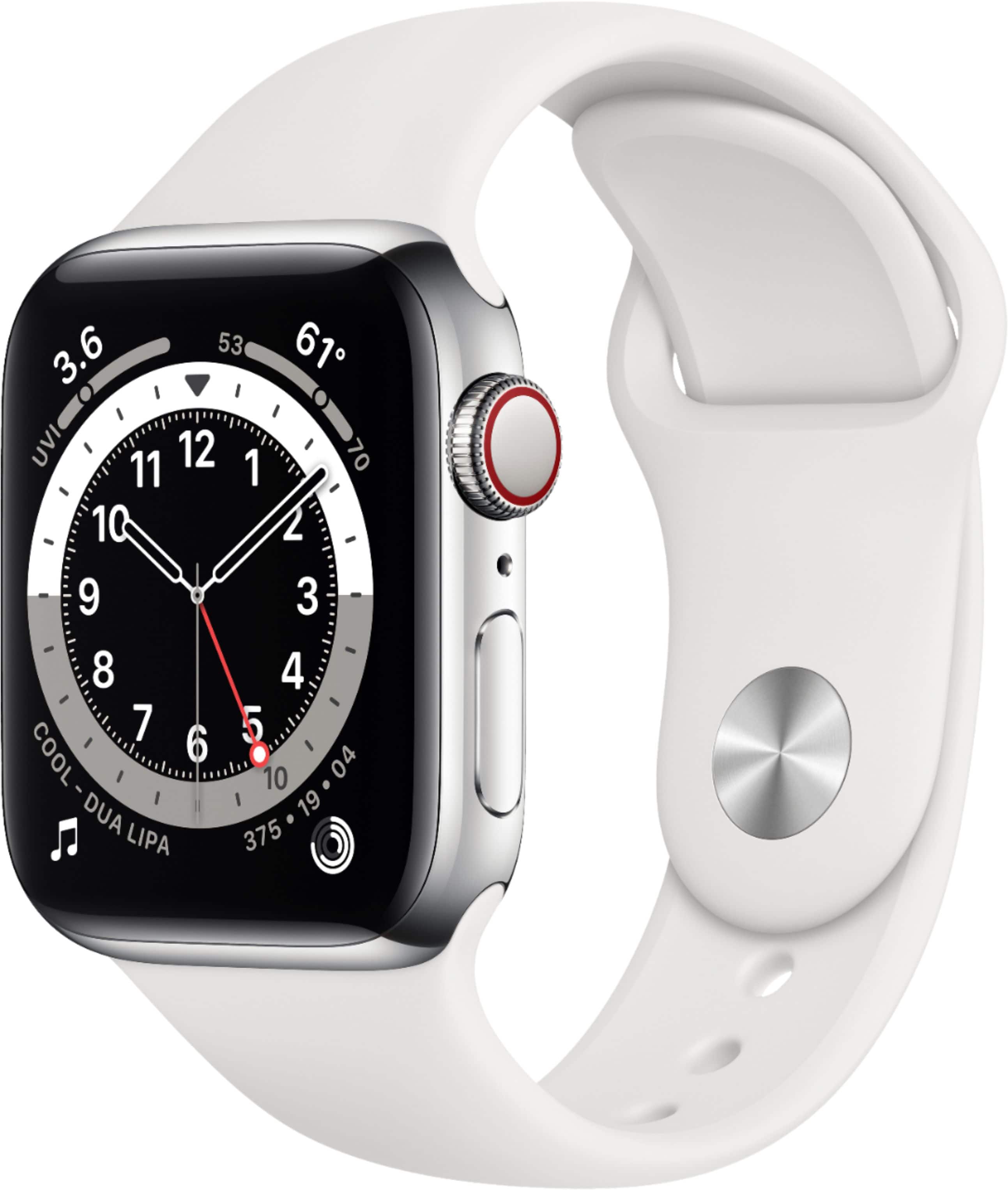 Refurbished Apple Watch Series 6 (GPS + Cellular) 40mm Silver Stainless Steel Case with White Sport Band - Silver - (2020)