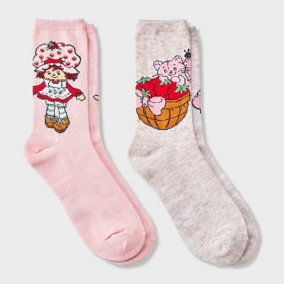 Women's Strawberry Shortcake Valentine's Day Giftable 2pk Crew Socks - Pink/Ivory 4-10